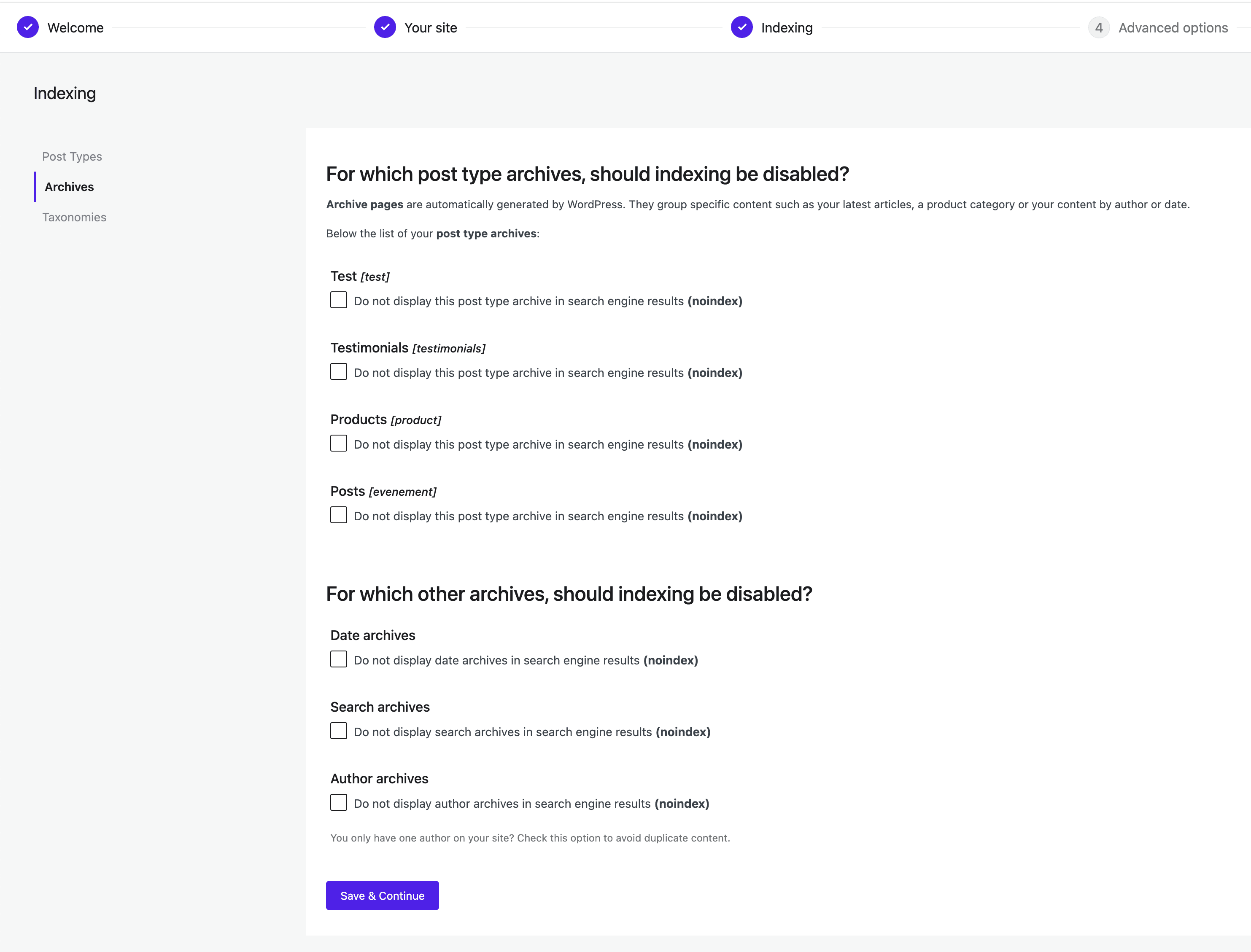 Indexing step - SEOPress Wizard
