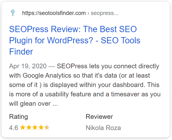 https://seotoolsfinder.com/seopress-review/ uses the Review Shema to review SEOPress