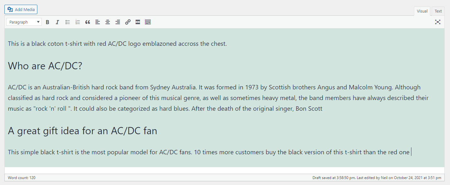 Example of a product description with 120 words (bottom left-hand corner)